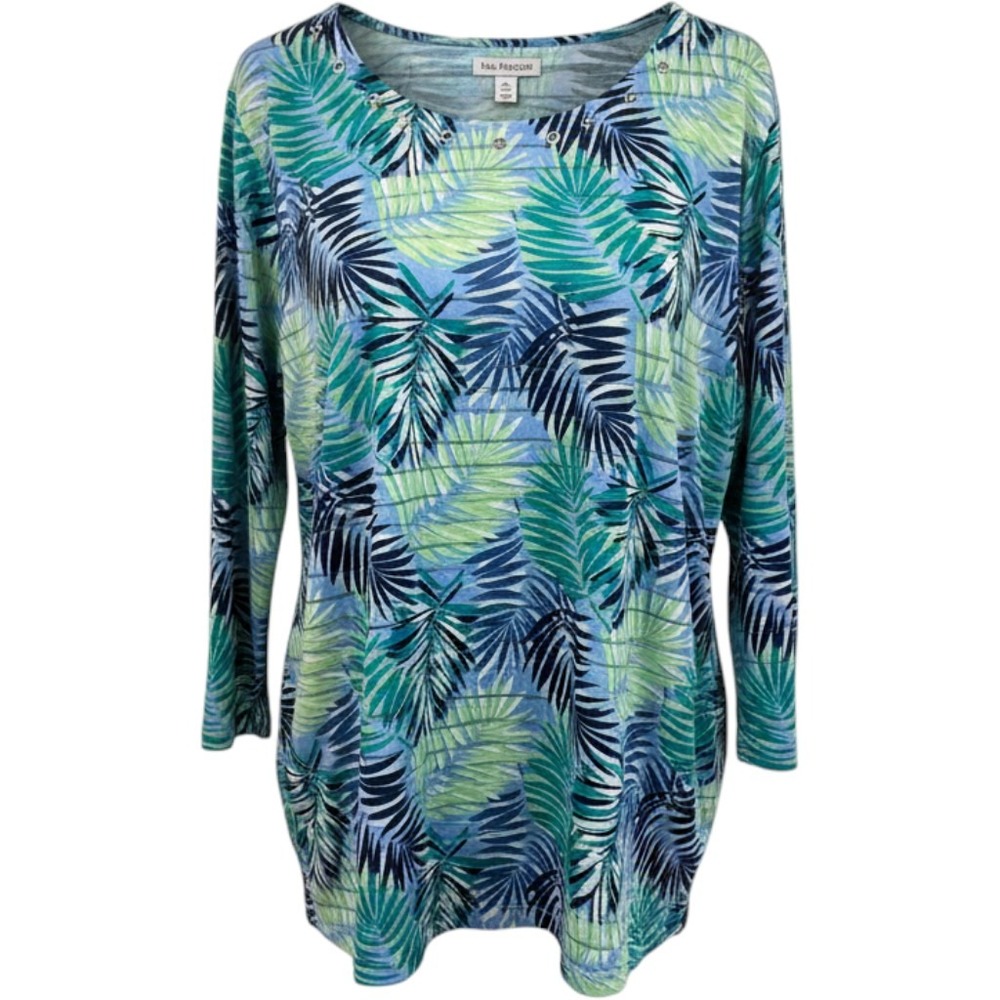Kim Rogers Curvy Womens 2X Tropical Palm Leaf Grommet Neck 3/4 Sleeve Top Blue
